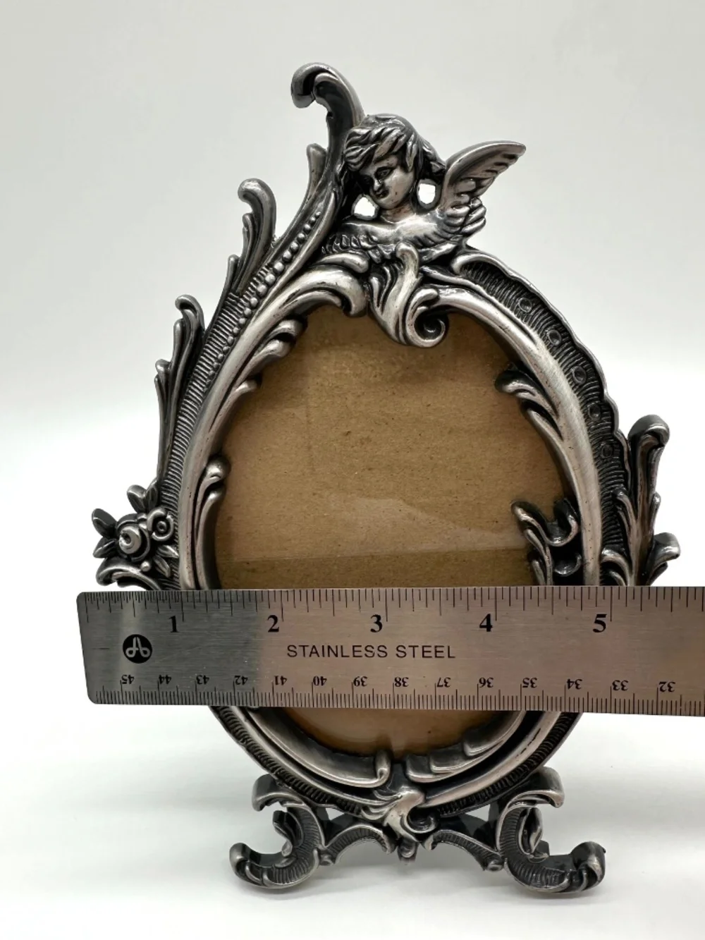 VTG Linco Pewter Cherub Oval Picture Frame Ornate Victorian Baroque Velvet Back